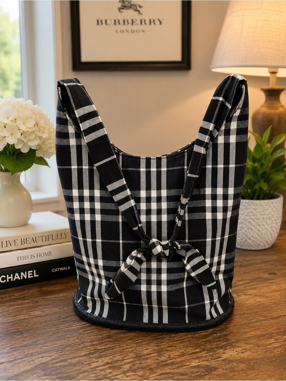 Burberry Nova Check Drawstring Bucket Bag Black White Plaid Canvas Leather